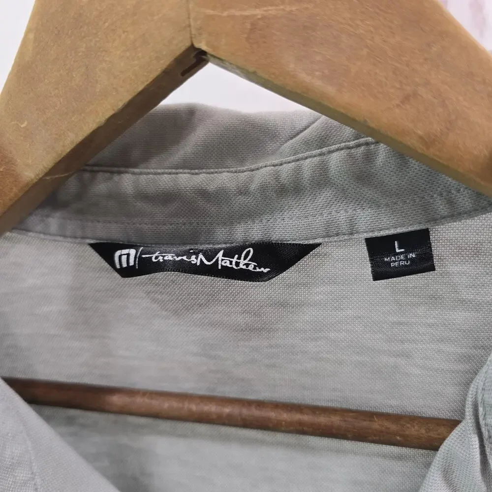 Travis Mathew Shirt Mens Large Gray Polo Blue Pocket Stripe Short Sleeve